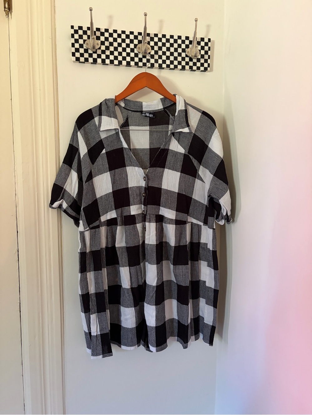 Black and White Plaid Button-Front Romper